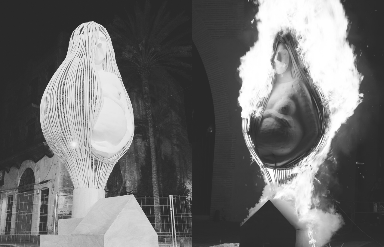 Fotografía en blanco y negro de la cremà de una falla experimental