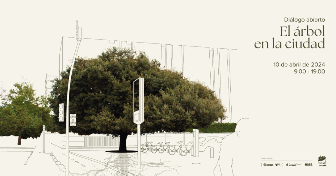 Invitación a la charla El árbol en l a ciudad, con un a ilustración de árboles en un entorno urbano