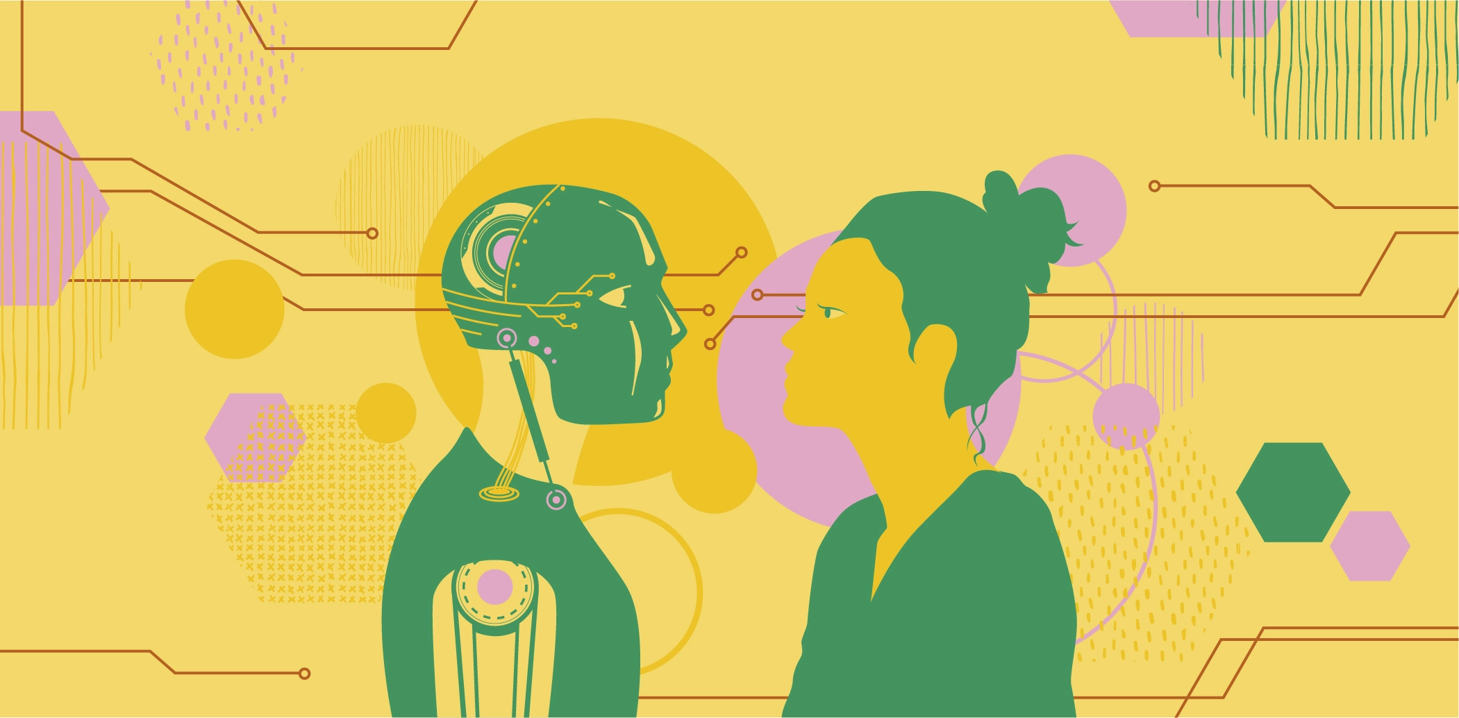 Il·lustració de una dona mirant cara a cara a un robot 