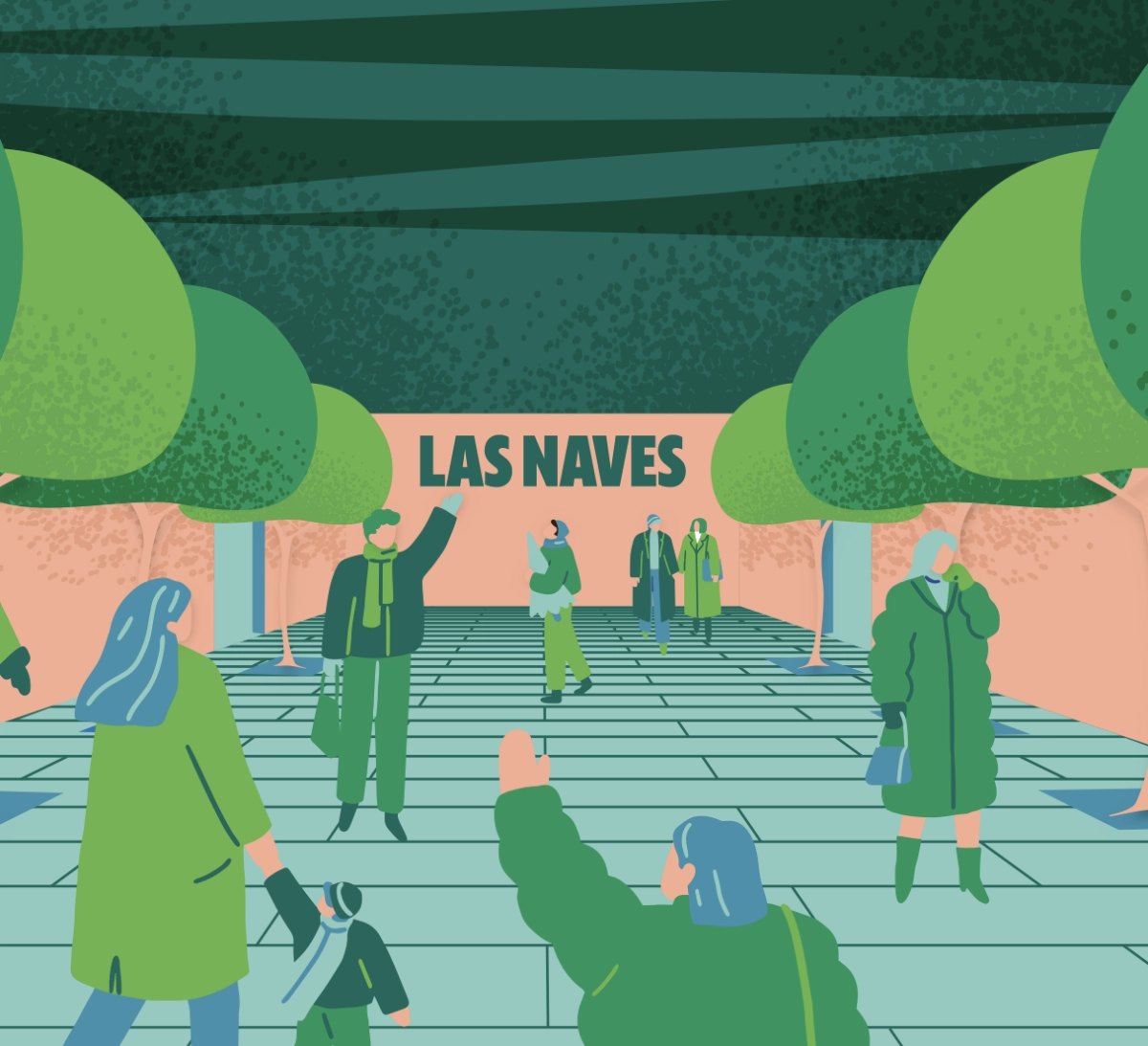 Ilustración con figura humanas paseando entre árboles con el logotipo de Las Naves al fondo