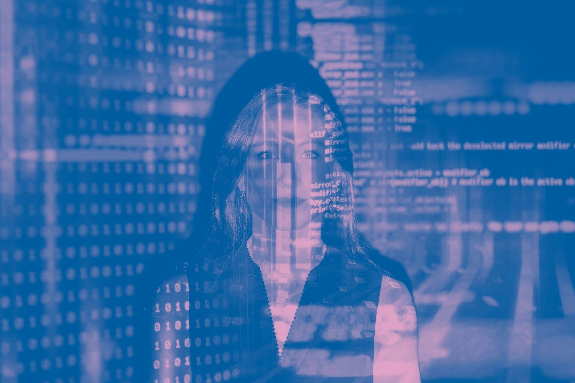 Imatge coloritzada en blau amb l'imatge d'una dona al laboratori Ciutalab 
