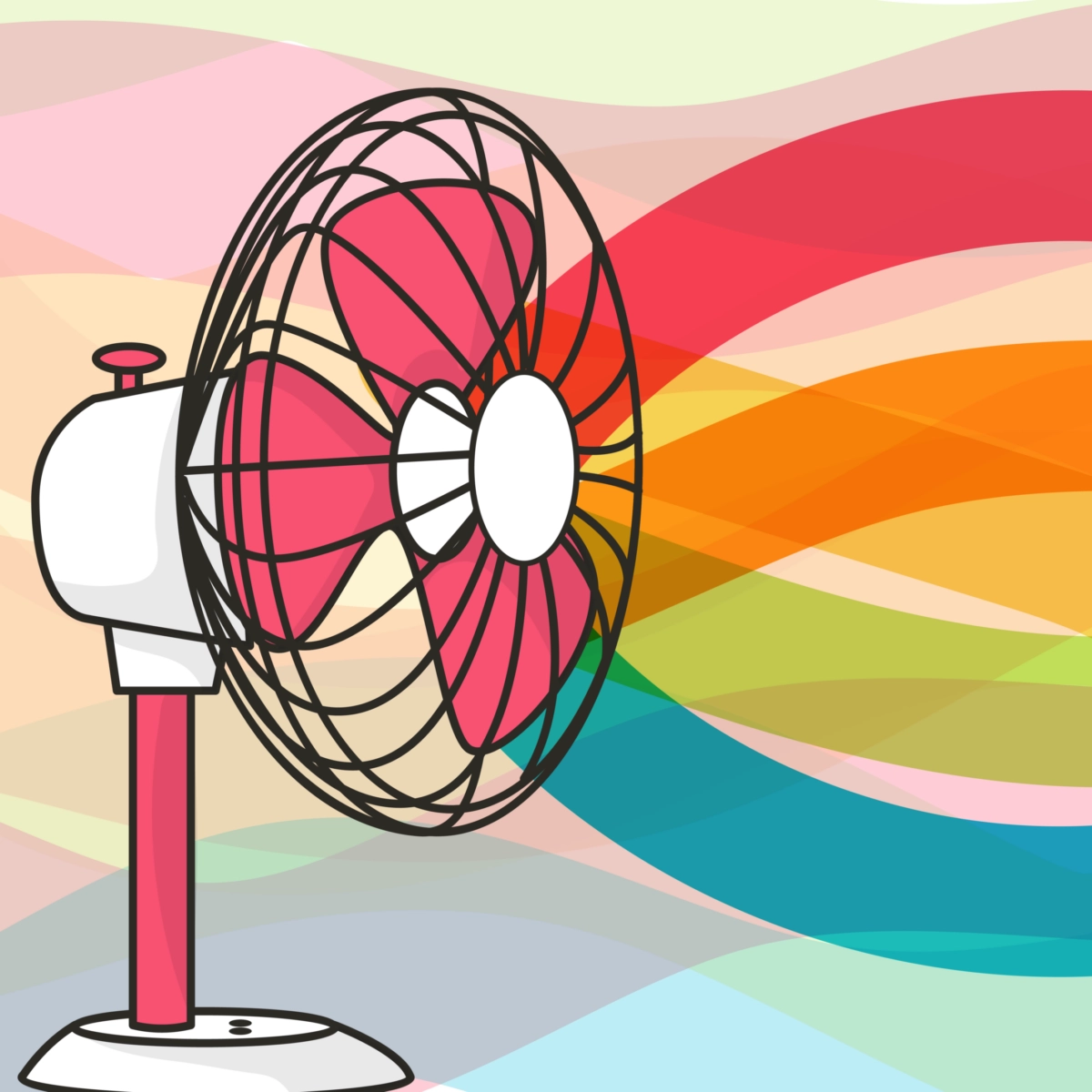 Il·lustració d'un ventilador sobre un fons de ratlles de colors
